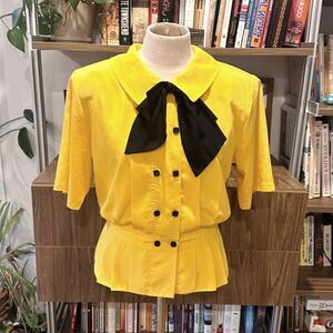 Vintage 80s Chaus Yellow Blouse Bow Collar Double Breasted Pleated Waist Top